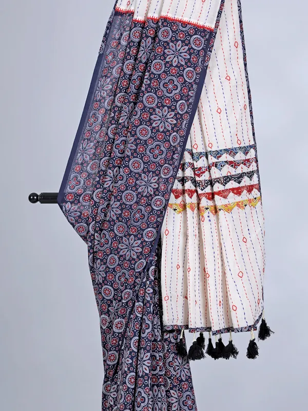 Navy tusser silk printed saree for festival wear