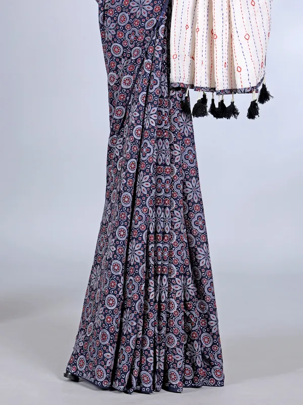 Navy tusser silk printed saree for festival wear