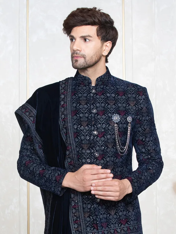 Navy velvet indowestern with dupatta