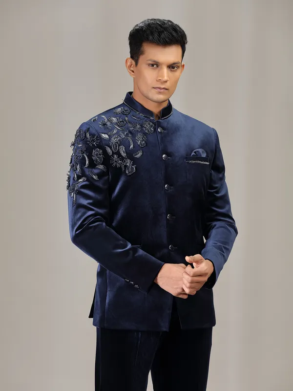 Navy velvet jodhpuri suit for men with cutdana work