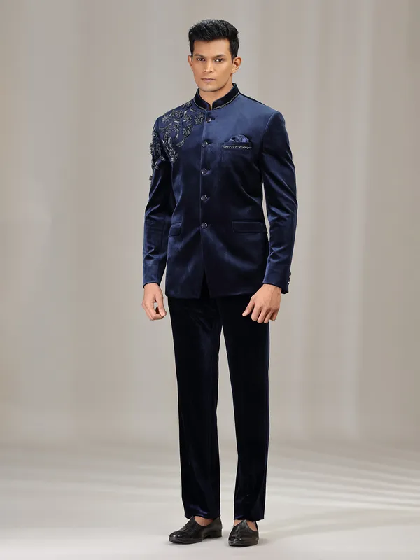 Navy velvet jodhpuri suit for men with cutdana work