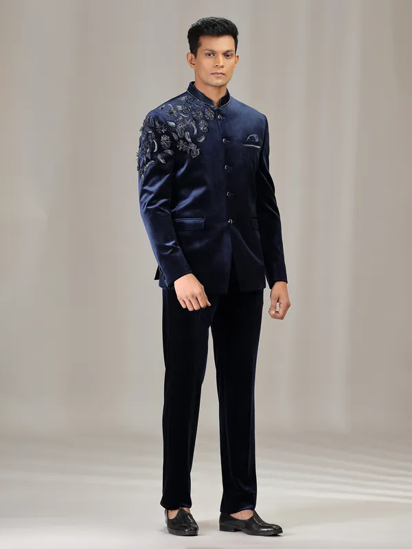 Navy velvet jodhpuri suit for men with cutdana work