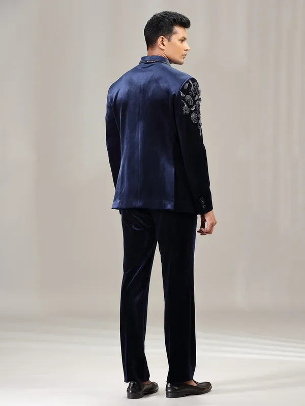 Navy velvet jodhpuri suit for men with cutdana work