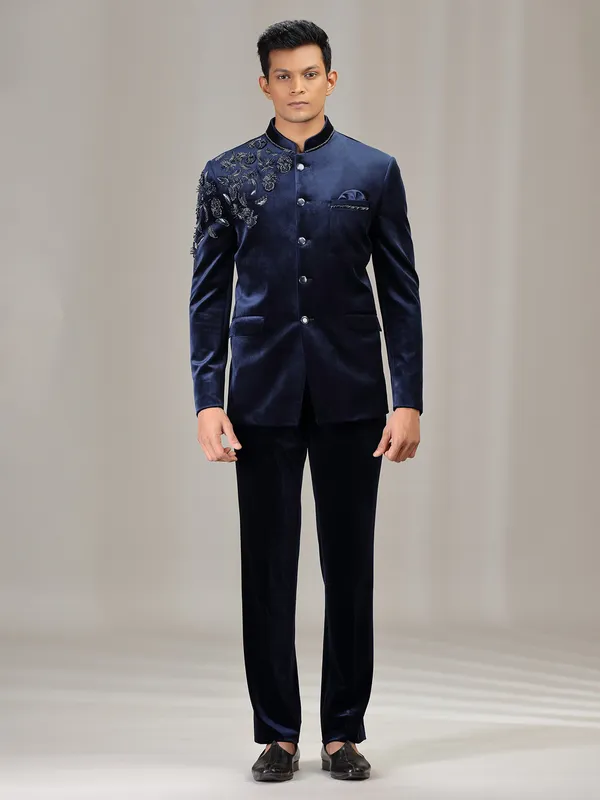 Navy velvet jodhpuri suit for men with cutdana work