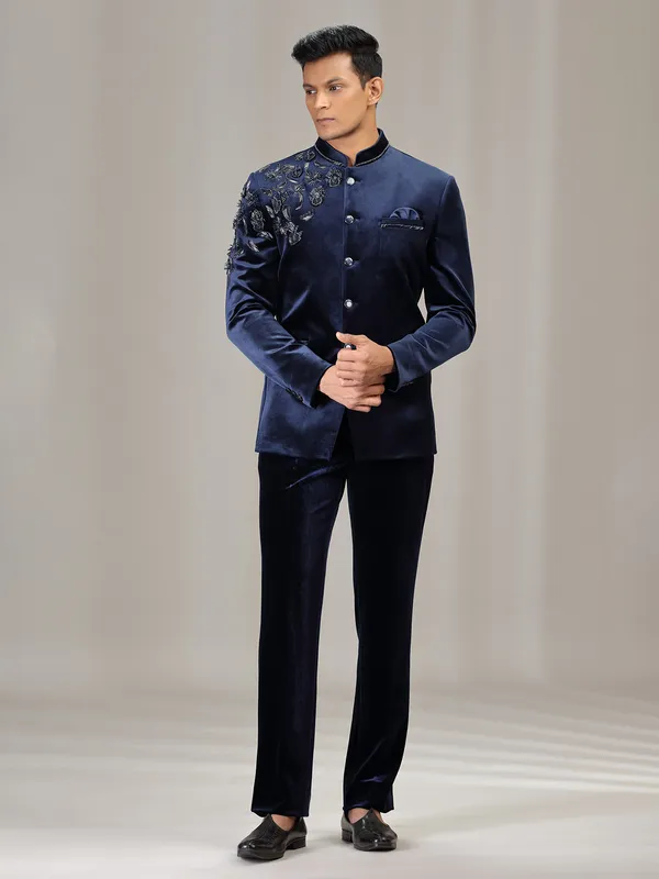 Navy velvet jodhpuri suit for men with cutdana work