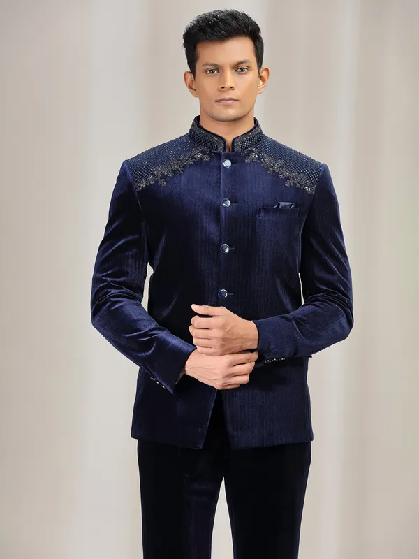 Navy velvet jodhpuri suit for wedding