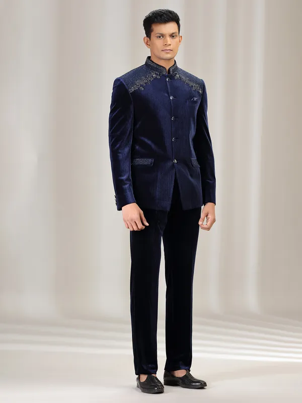 Navy velvet jodhpuri suit for wedding