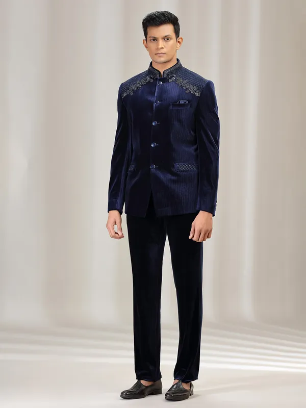 Navy velvet jodhpuri suit for wedding