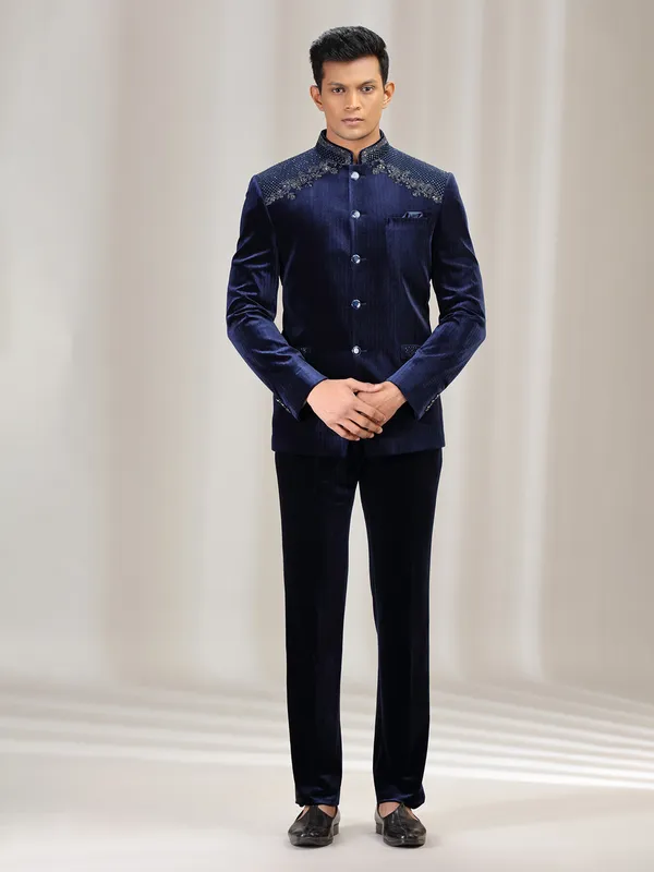 Navy velvet jodhpuri suit for wedding