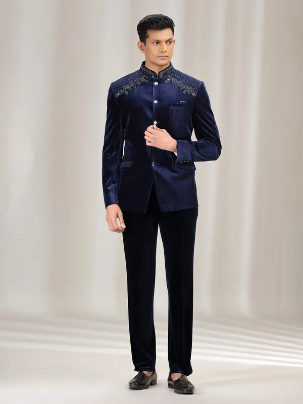 Navy velvet jodhpuri suit for wedding