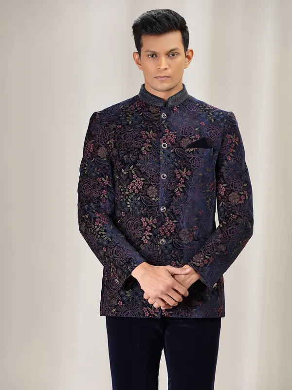 Navy velvet jodhpuri suit with embroidery for men