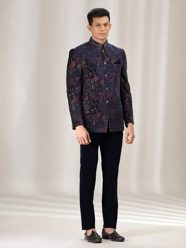 Navy velvet jodhpuri suit with embroidery for men