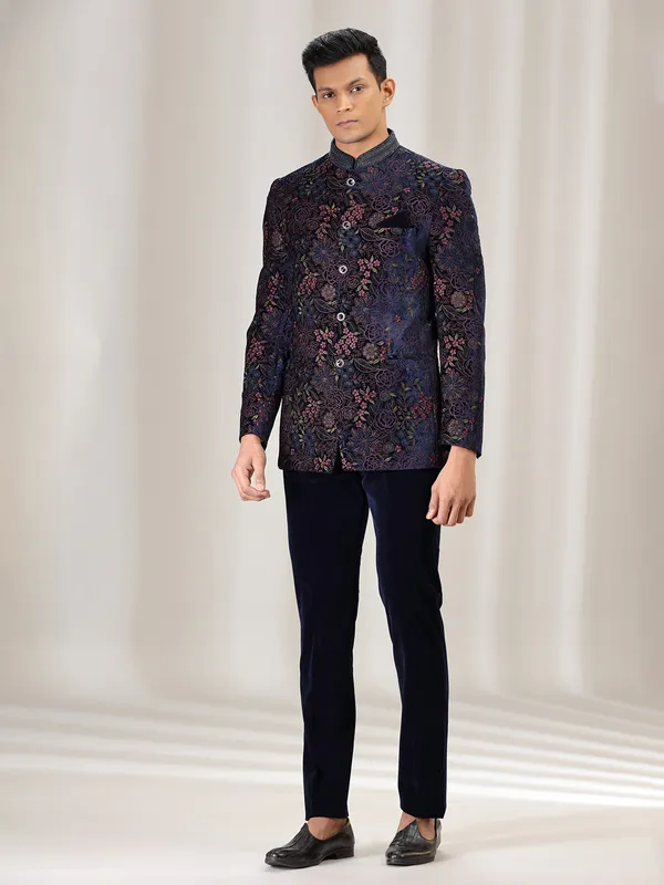 Navy velvet jodhpuri suit with embroidery for men