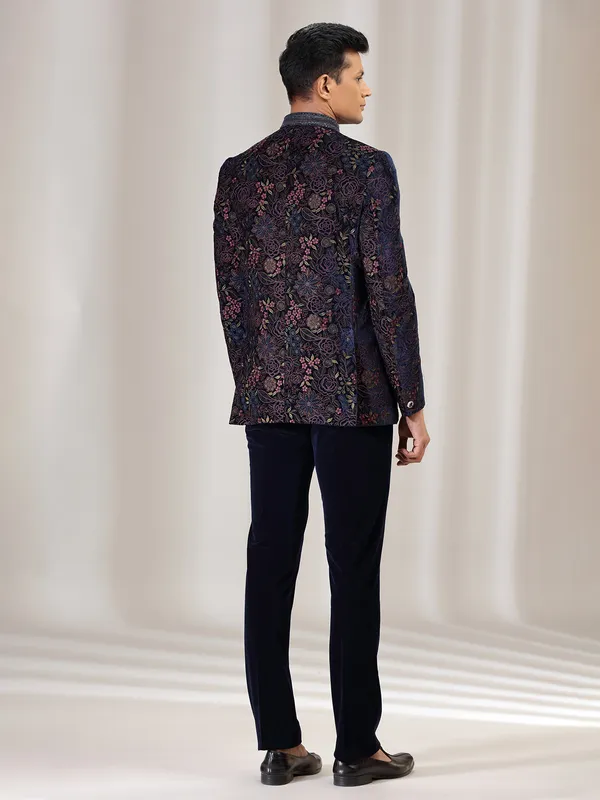 Navy velvet jodhpuri suit with embroidery for men