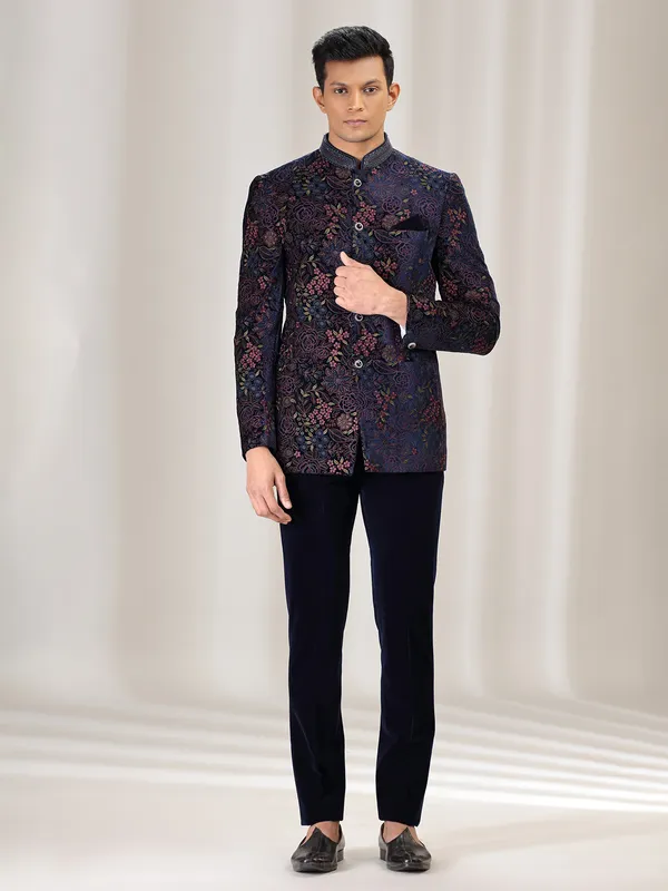 Navy velvet jodhpuri suit with embroidery for men