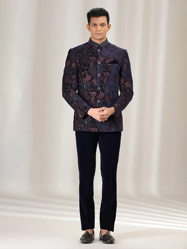 Navy velvet jodhpuri suit with embroidery for men