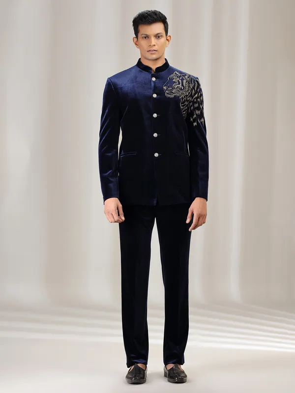 Navy velvet jodhpuri suit with swarowski detailing