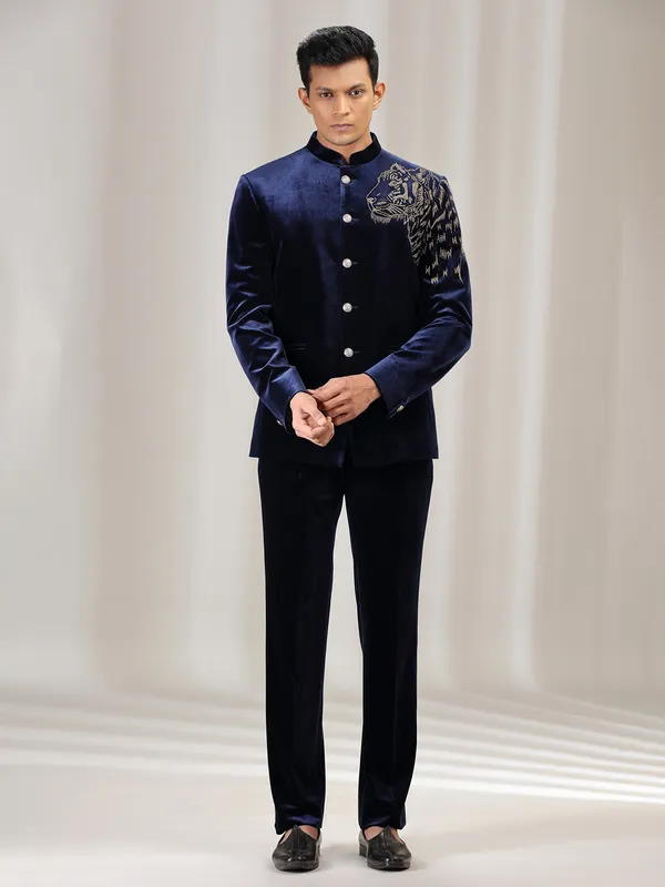 Navy velvet jodhpuri suit with swarowski detailing