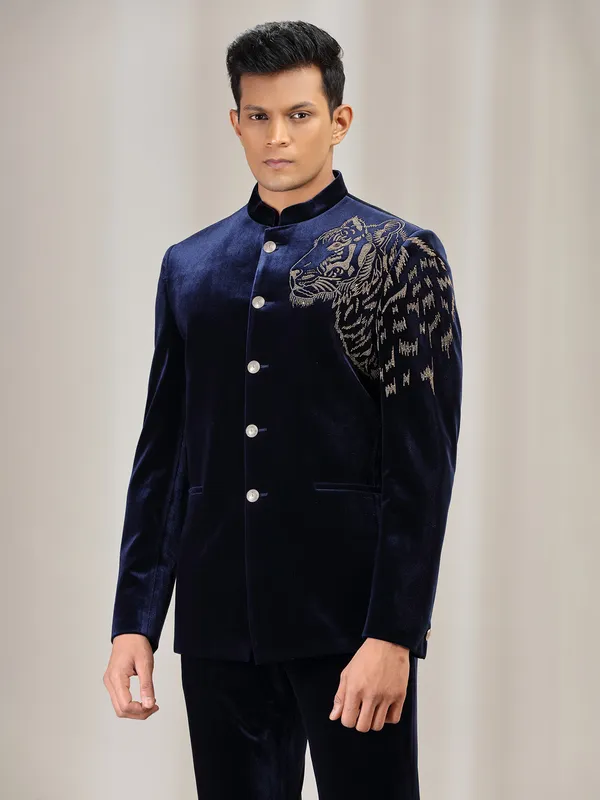 Navy velvet jodhpuri suit with swarowski detailing
