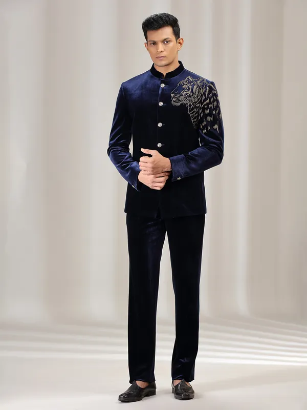 Navy velvet jodhpuri suit with swarowski detailing