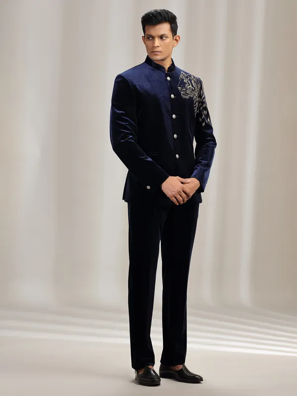 Navy velvet jodhpuri suit with swarowski detailing