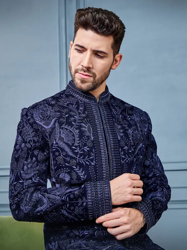 Navy velvet long indo western set for reception