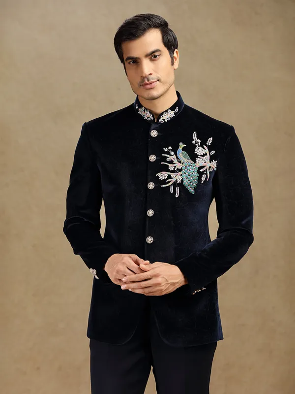 Navy velvet textured jodhpuri suit