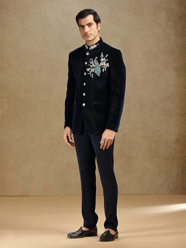 Navy velvet textured jodhpuri suit