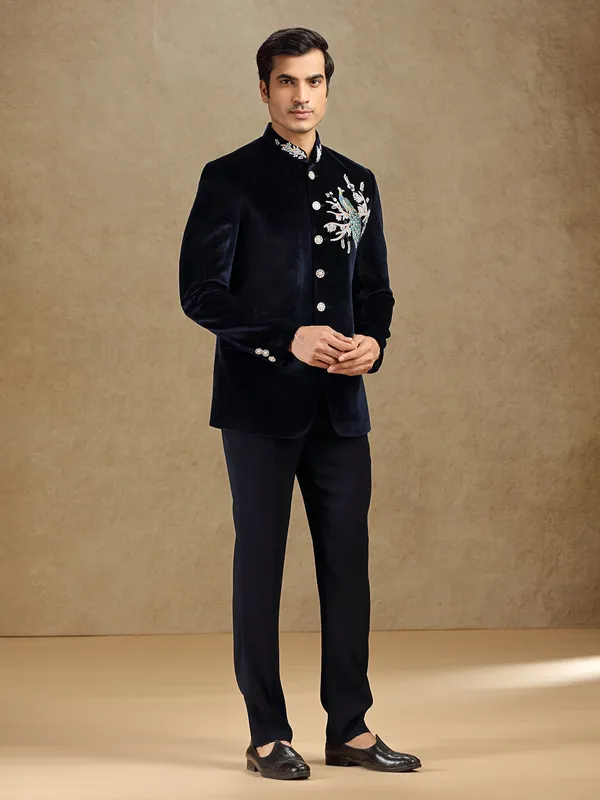 Navy velvet textured jodhpuri suit