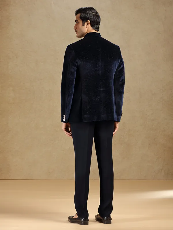 Navy velvet textured jodhpuri suit
