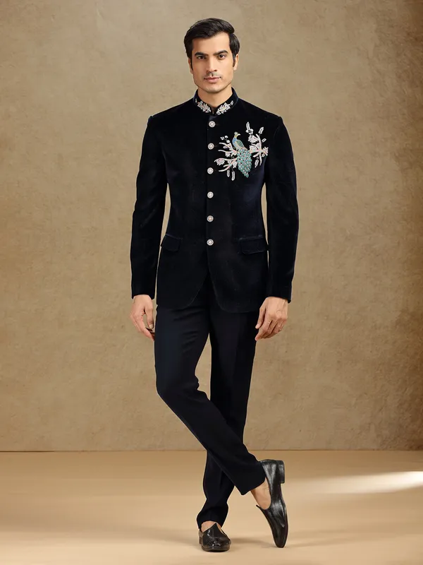 Navy velvet textured jodhpuri suit