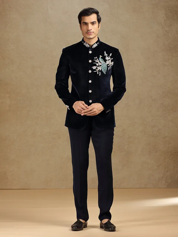 Navy velvet textured jodhpuri suit