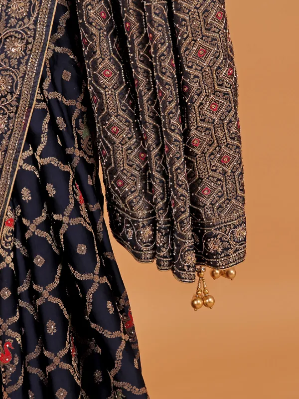 Navy wedding wear dola silk saree with zari weaving