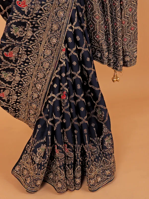 Navy wedding wear dola silk saree with zari weaving