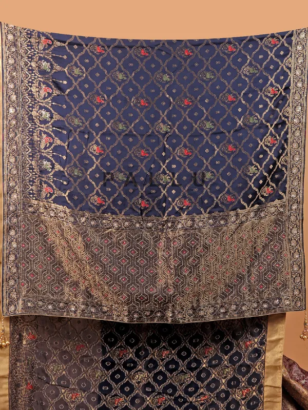 Navy wedding wear dola silk saree with zari weaving