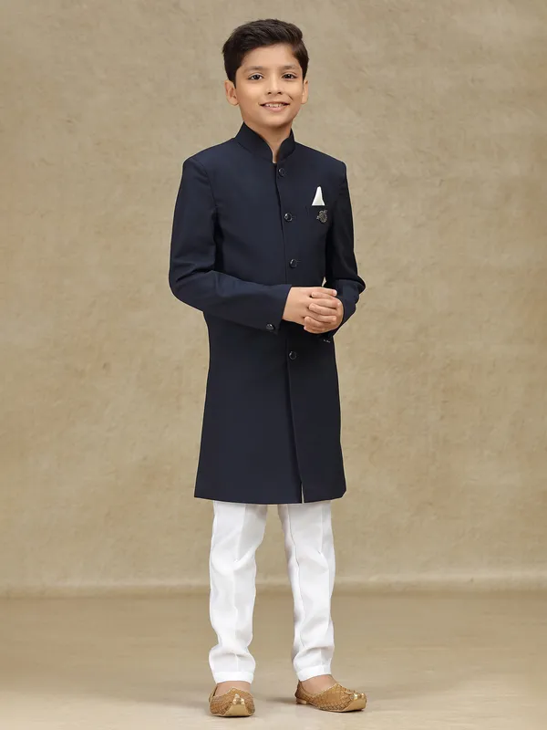 Navy wedding wear indowestern in terry rayon for boys