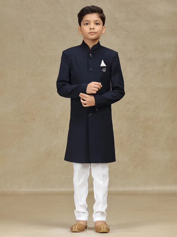 Navy wedding wear indowestern in terry rayon for boys