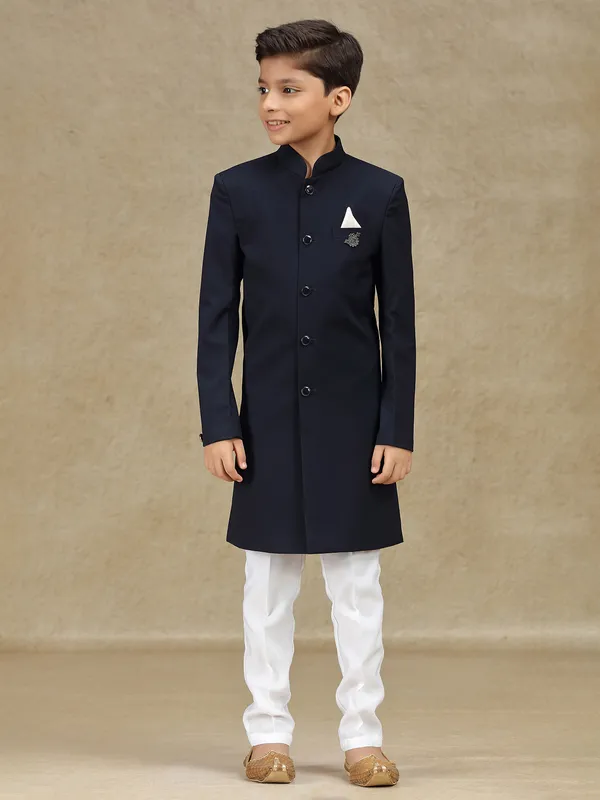 Navy wedding wear indowestern in terry rayon for boys