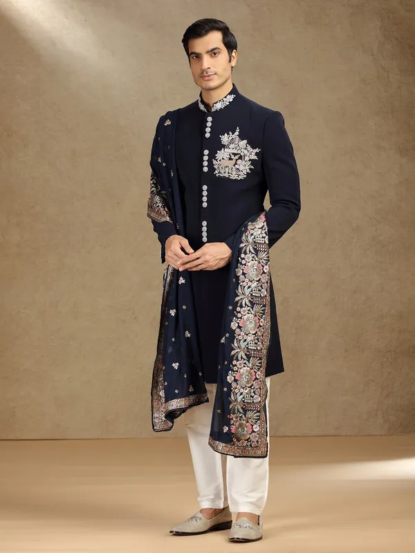 Navy wedding wear terry rayon indo western with dupatta