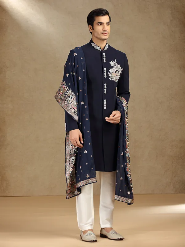 Navy wedding wear terry rayon indo western with dupatta