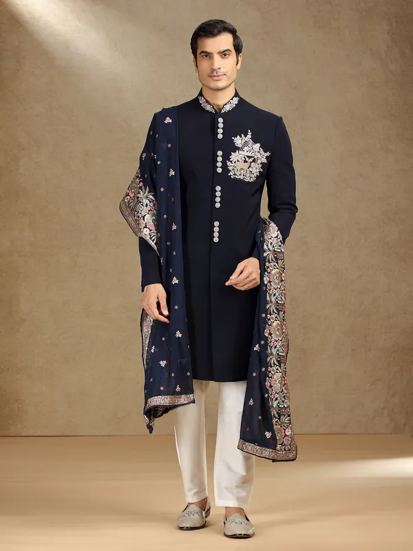 Navy wedding wear terry rayon indo western with dupatta