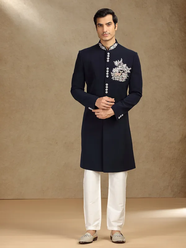 Navy wedding wear terry rayon indo western with dupatta