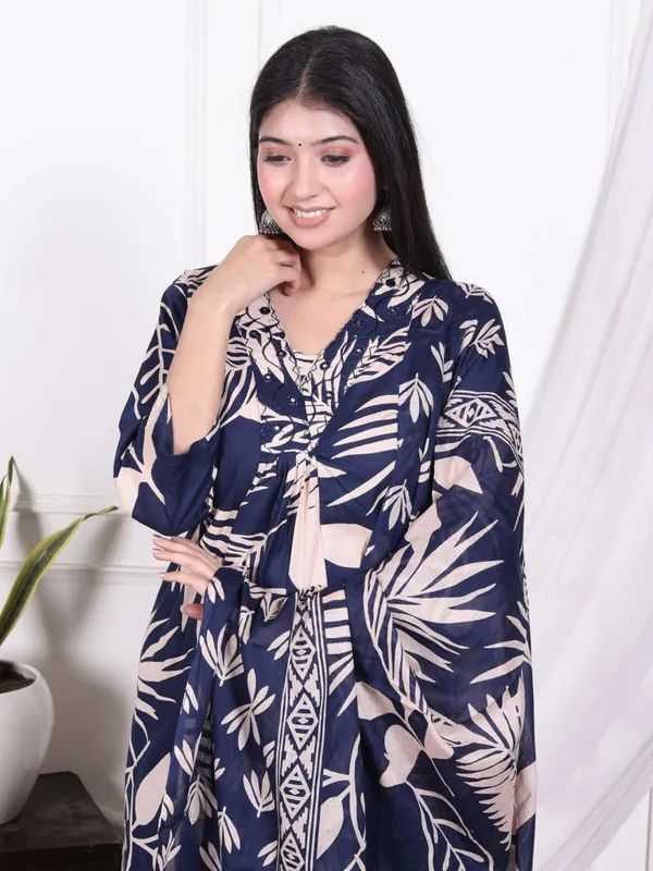 Navy women printed kurti set in silk