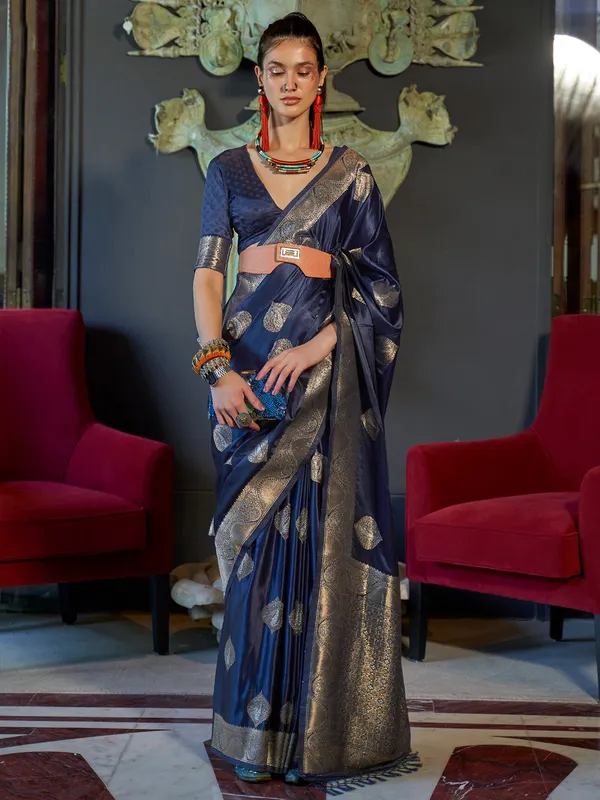 Navy zari weaving saree in satin silk