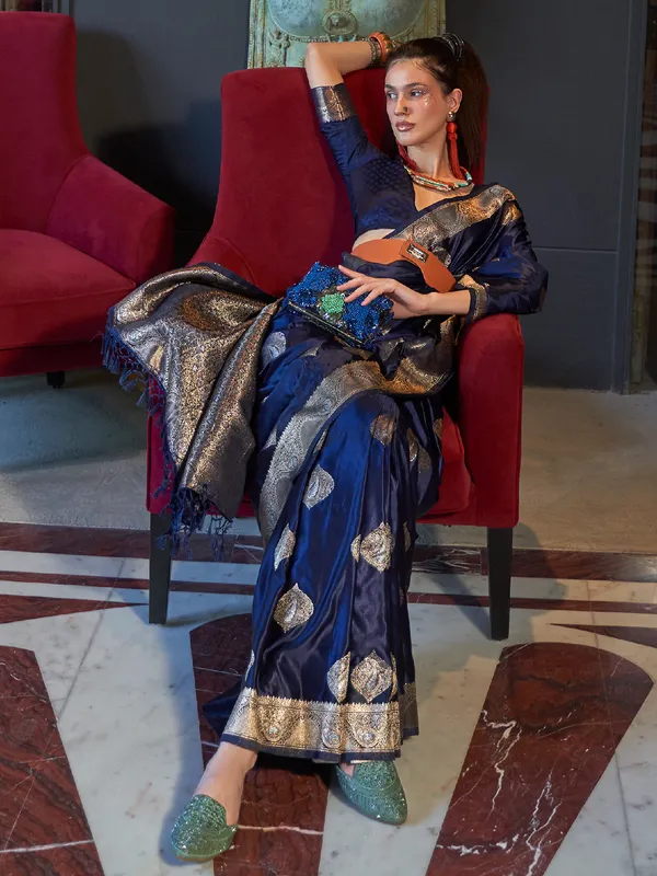 Navy zari weaving saree in satin silk