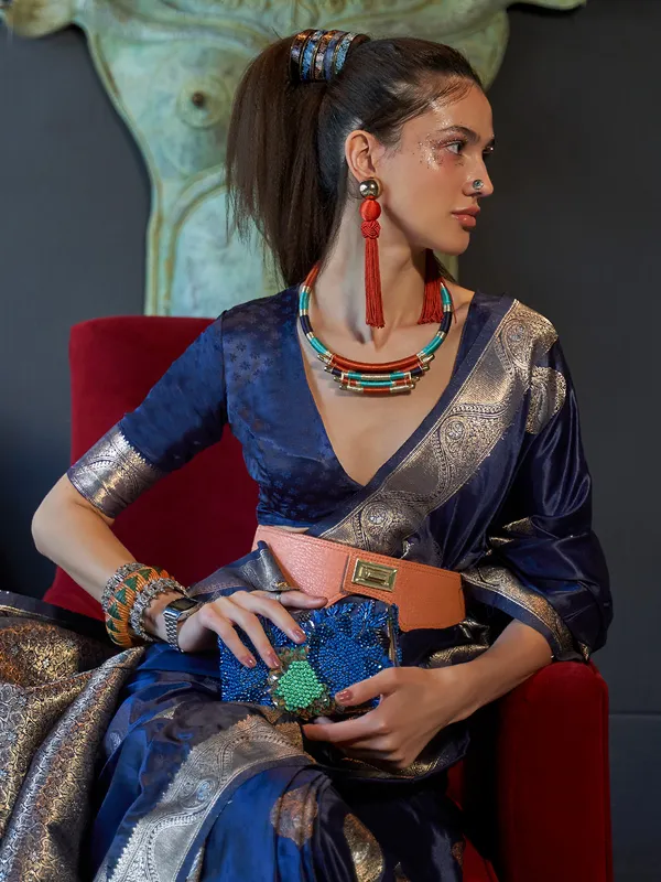 Navy zari weaving saree in satin silk