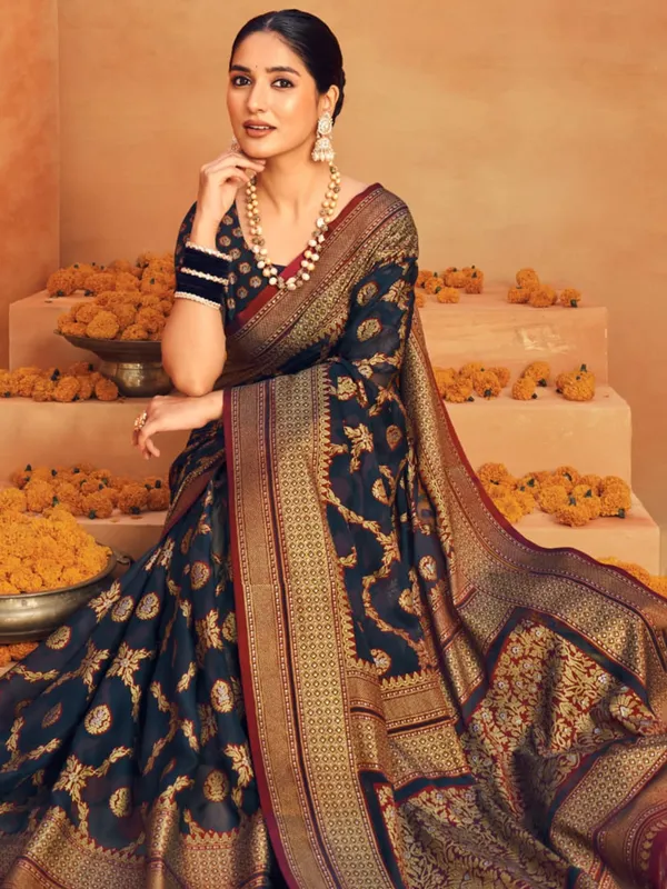 Navy zari worked georgette saree