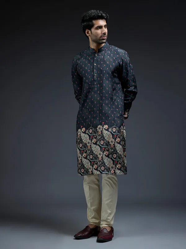 Navy zarookha printed kurta suit in silk