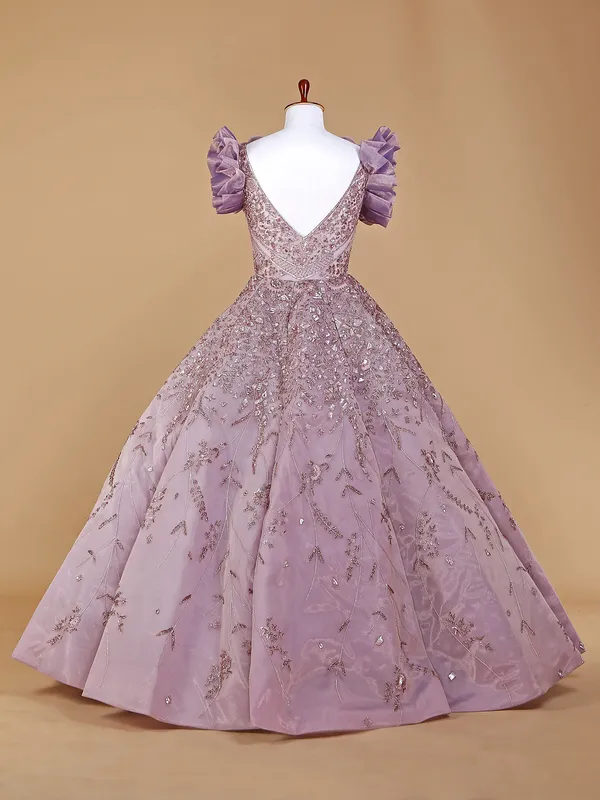 Net designer gown in mauve purple