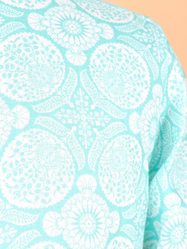 New aqua cotton floral printed kurta for men